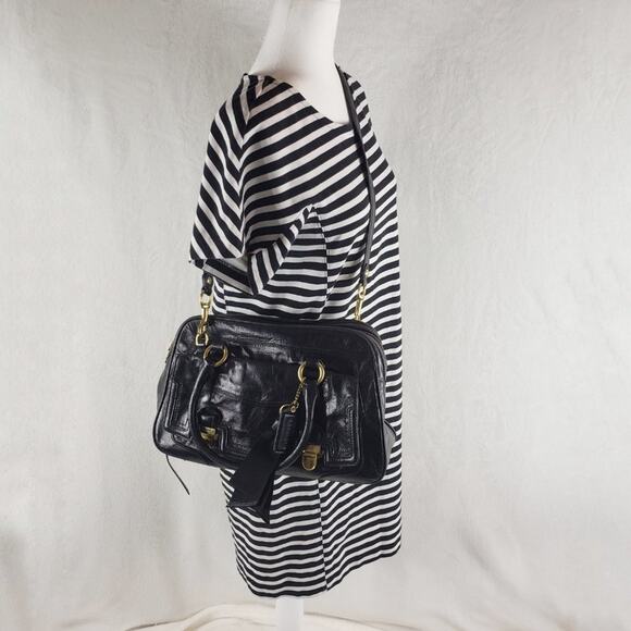 Coach Poppy Pushlock Satchel Black Waxed Leather Fuchsia Lining Removable Strap - Picture 9 of 14